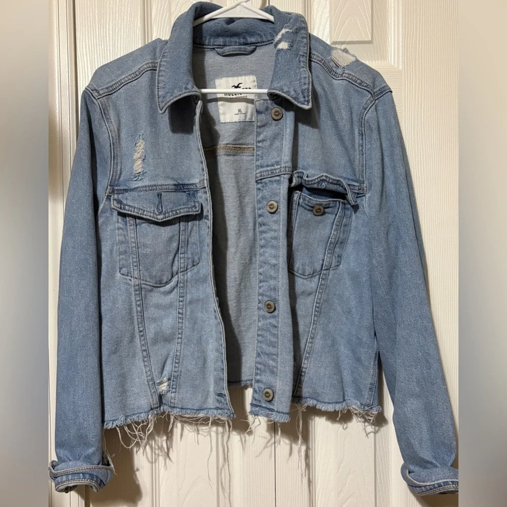 Hollister Light Wash Denim Frayed Distressed Button Biker Rock Grunge Jacket XL - Picture 1 of 9